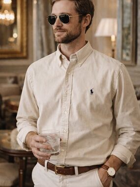 Ralph Lauren Blake Button Down Shirt Large Cream Beige Cotton Classic Preppy 😎